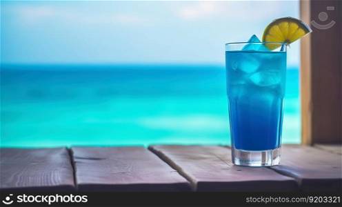 Blue Jamaica cocktail on background with blue sea and sky tropical background. Generative AI.. Blue Jamaica cocktail on background with blue sea and sky tropical background. Generative AI