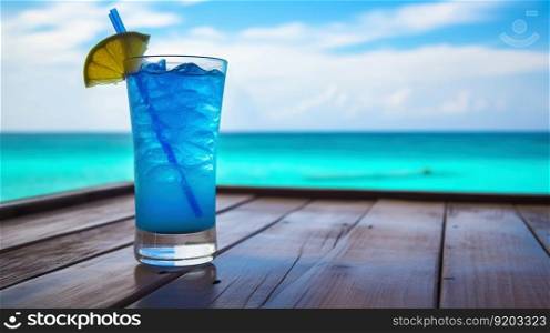 Blue Jamaica cocktail on background with blue sea and sky tropical background. Generative AI.. Blue Jamaica cocktail on background with blue sea and sky tropical background. Generative AI