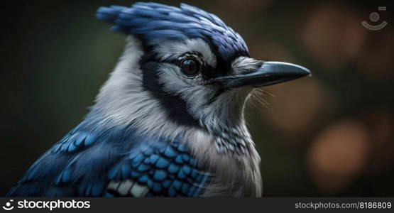 Blue Jay bird closeup with forest background. Generative AI.. Blue Jay bird closeup with forest background. Generative AI