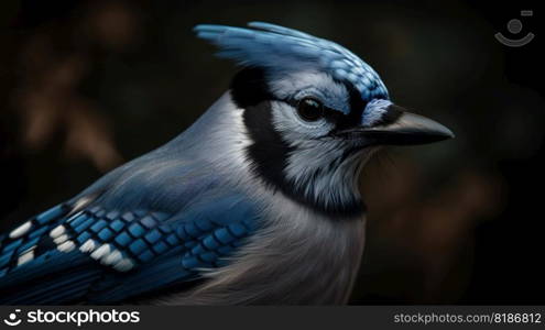 Blue Jay bird closeup with forest background. Generative AI.. Blue Jay bird closeup with forest background. Generative AI
