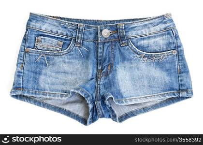 Blue jean shorts with a white background