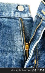 Blue Jean zipper with texture closeup view