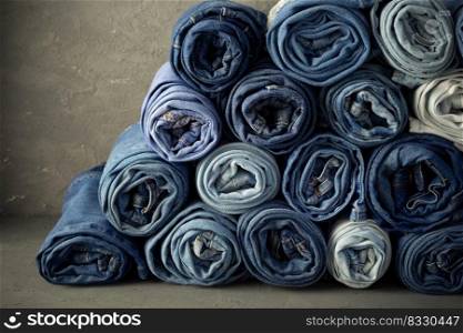 Blue jeans denim heap background. Folded jeans fabric heap as material surface