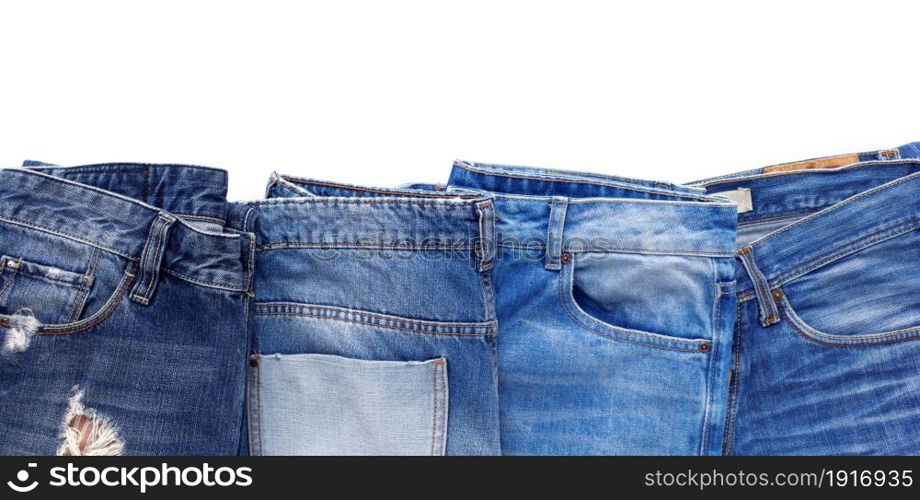 Blue jeans denim with pocket isolated on white background. Jeans heap