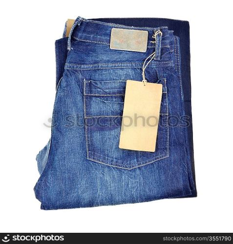 blue jeans isolated on white background with epty tab for you text or design