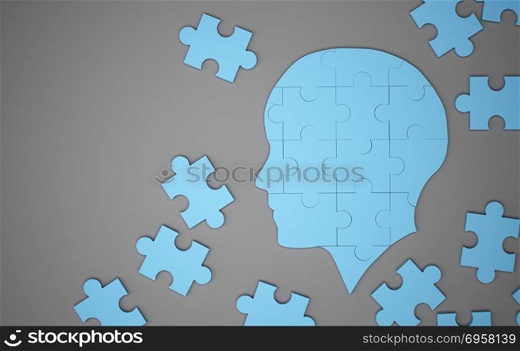 Blue jigsaw puzzle as a human brain. Creative idea concept. 3d i. Blue jigsaw puzzle as a human brain. Creative idea concept. 3d illustration. Blue jigsaw puzzle as a human brain. Creative idea concept. 3d illustration