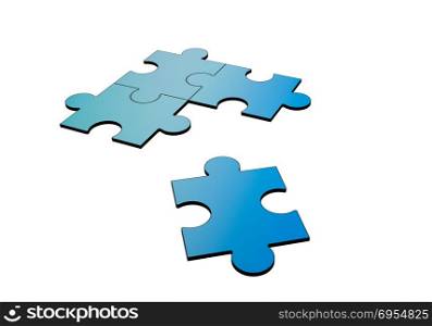 Blue jigsaw puzzles disrupted and separated on white, 3d illustr. Blue jigsaw puzzles disrupted and separated on white, 3d illustration. Blue jigsaw puzzles disrupted and separated on white, 3d illustration