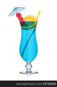 Blue lagoon cocktail classic glass with straw and orange slice with sweet cherry and umbrella on white background.