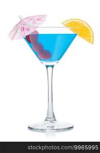 Blue lagoon cocktail in martini glass with orange slice and sweet cherry with umbrella on white background. 