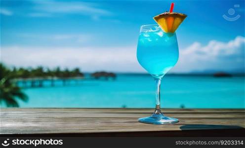 Blue Lagoon cocktail on background with blue sea and sky tropical background. Generative AI.. Blue Lagoon cocktail on background with blue sea and sky tropical background. Generative AI