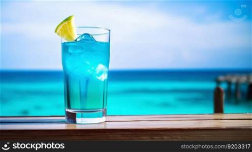 Blue Lagoon cocktail on background with blue sea and sky tropical background. Generative AI.. Blue Lagoon cocktail on background with blue sea and sky tropical background. Generative AI