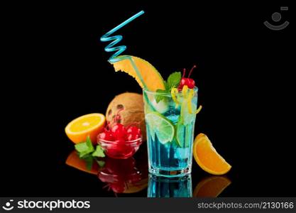 Blue Lagoon cocktail with a slice of melon and cherry isolated on white.. Blue Lagoon cocktail with a slice of melon and cherry isolated on white