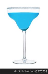 Blue lagoon cocktail with vodka and blue curacao liqueur in margarita glass isolated on white.