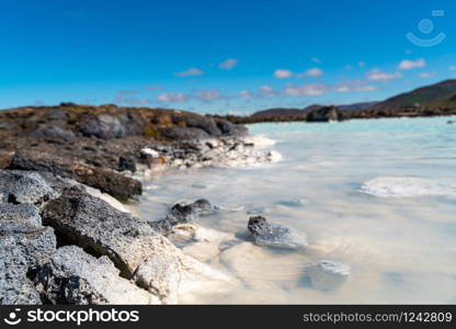 Blue lagoon, Iceland, a geothermal ladscape. Grindavic, Iceland, view of the famous Blue Lagoon geothermal area.. Blue lagoon, Iceland,