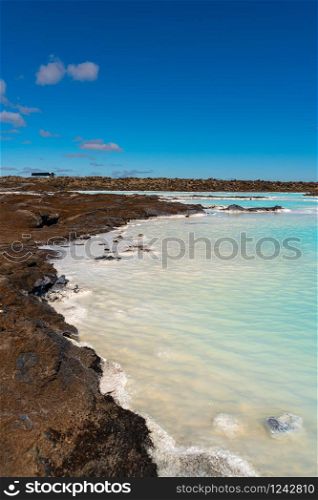 Blue lagoon, Iceland, a geothermal ladscape. Grindavic, Iceland, view of the famous Blue Lagoon geothermal area.. Blue lagoon, Iceland,
