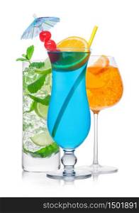 Blue lagoon, spritz and mojito cocktails glasses with straw and orange slice with sweet cherry and umbrella on white background.