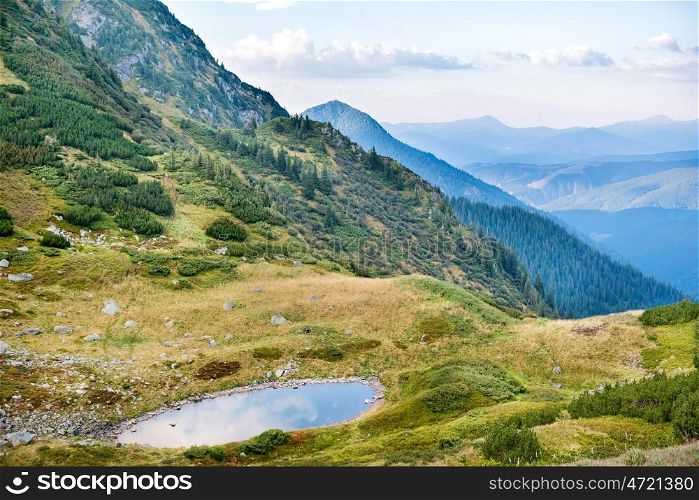 Blue lake in the mountains with green grass