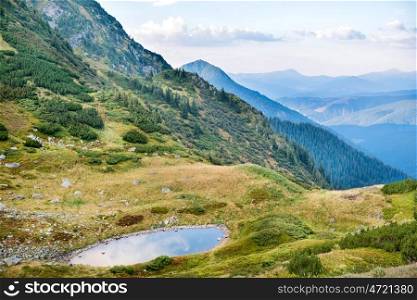 Blue lake in the mountains with green grass