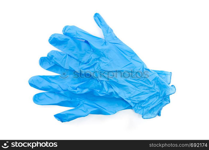 Blue latex medical and laboratory gloves isolated on white background