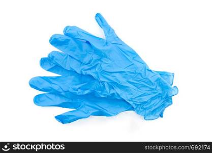 Blue latex medical and laboratory gloves isolated on white background