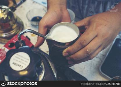 blue latte art coffee process, vintage filter image