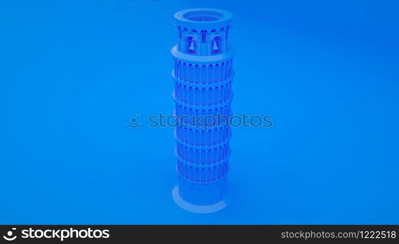 Blue leaning tower of pisa on white background, 3D rendering.. Blue leaning tower of pisa on white background, 3D rendering