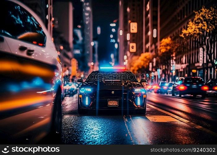 Blue light flasher atop of a police car. City lights on the background. Neural network AI generated art. Blue light flasher atop of a police car. City lights on the background. Neural network AI generated