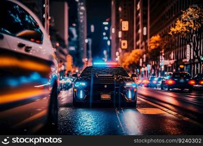 Blue light flasher atop of a police car. City lights on the background. Neural network AI generated art. Blue light flasher atop of a police car. City lights on the background. Neural network AI generated