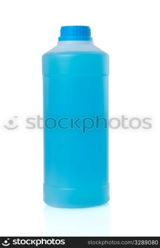 Blue liquid in trasparent plastic bottle isolated on white background.