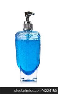 blue liquid soap in transparent bottle isolated