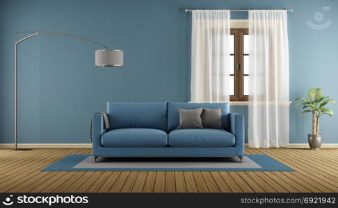 Blue living room room with wooden. Blue room with wooden windows , modern sofa and white curtain - 3d rendering