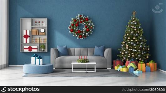 Blue living room with Christmas tree and colorful gift - 3d rendering. Blue living room with Christmas decoration