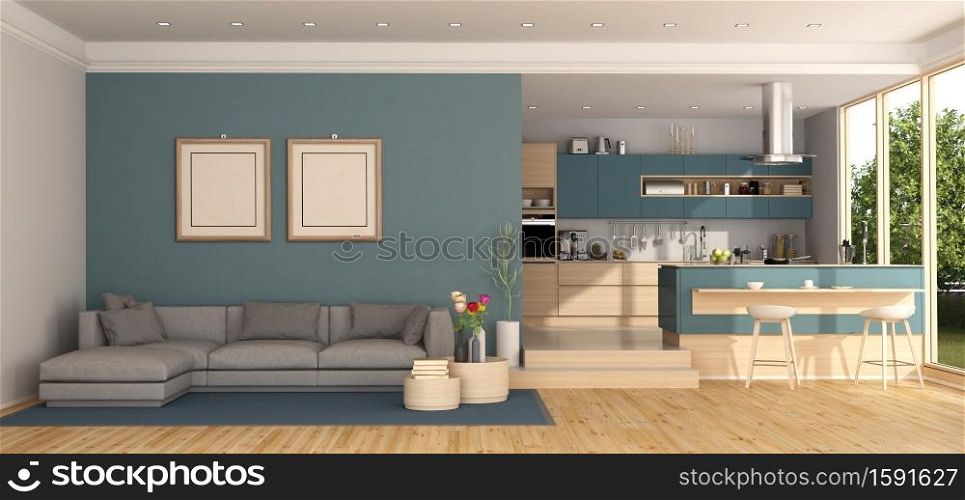 Blue living room with gray sofa and modern kitchen on background - 3d rendering. Blue living room with kitchen on background
