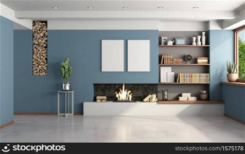 Blue living room with modern fireplace without furniture - 3d rendering. Blue living room with modern fireplace