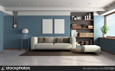 Blue living room with modern sofa and bookcase on background - 3d rendering. Blue living room with modern furniture
