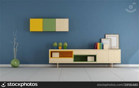 Blue living room with sideboard. Blue living room with modern sideboard with books and blank frame - 3D Rendering
