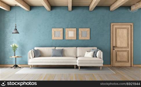 Blue living room with white sofa. Blue living room with white sofa ,wooden ceiling and closed door - 3d rendering