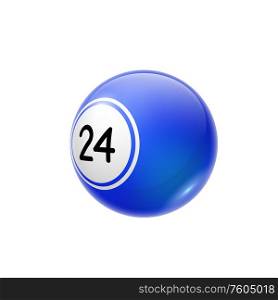 Blue lottery ball with 24 number isolated bingo or billiard sphere. Vector jackpot win sign. Jackpot bingo ball, twenty four number isolated