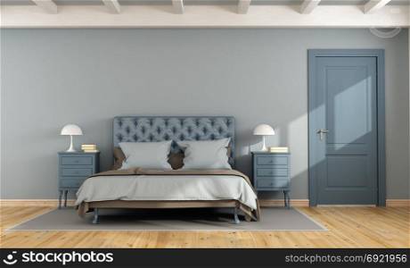 Blue master bedroom. Blue master bedroom with double bed,nightstand and closed door - 3d rendering