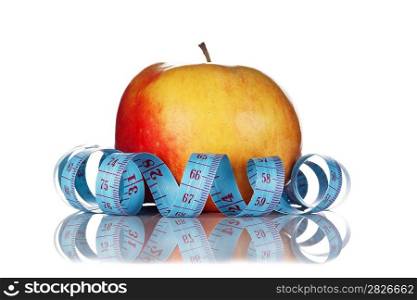 blue measure tape and red apple isolated on white background
