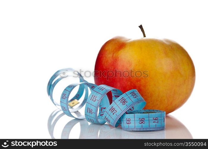 blue measure tape and red apple isolated on white background