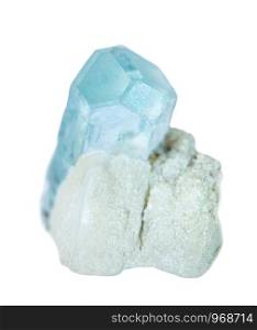 Blue mineral Beryl known as Aquamarine gemstone, in an white albite matrix isolated on a white background