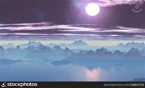 Blue mist envelops the sharp rocky islands, standing among the calm waters. In the night sky bright stars and nebula clouds slowly float. The bright white moon moves toward the horizon, her second moon falls. Fog dissipates.