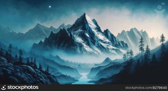 Blue misty mountain beautiful nature background. distinct generative AI image.. Blue misty mountain beautiful nature background