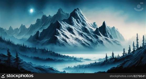 Blue misty mountain beautiful nature background. distinct generative AI image.. Blue misty mountain beautiful nature background