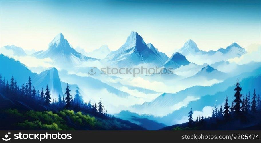 Blue misty mountain beautiful nature background. distinct generative AI image.. Blue misty mountain beautiful nature background