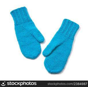 Blue mittens isolated on white background