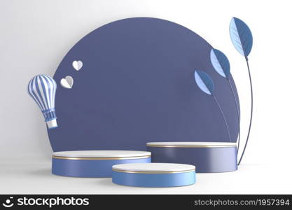 blue Modern Cylinder podiums blue and white and decoration cartoon style.3D rendering