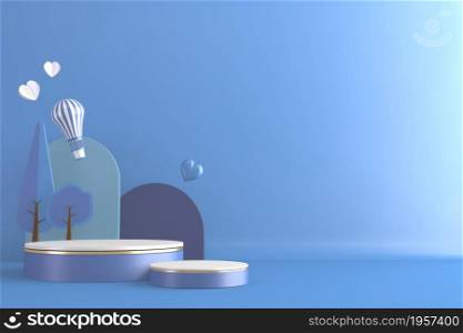 blue Modern Cylinder podiums blue and white and decoration cartoon style.3D rendering