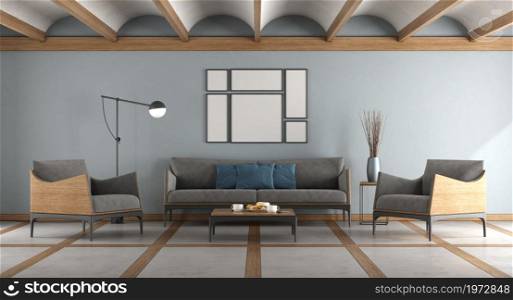 Blue modern living room with sofa , armchairs and cement and wooden floor - 3d rendering. Blue modern living room with sofa and armchairs